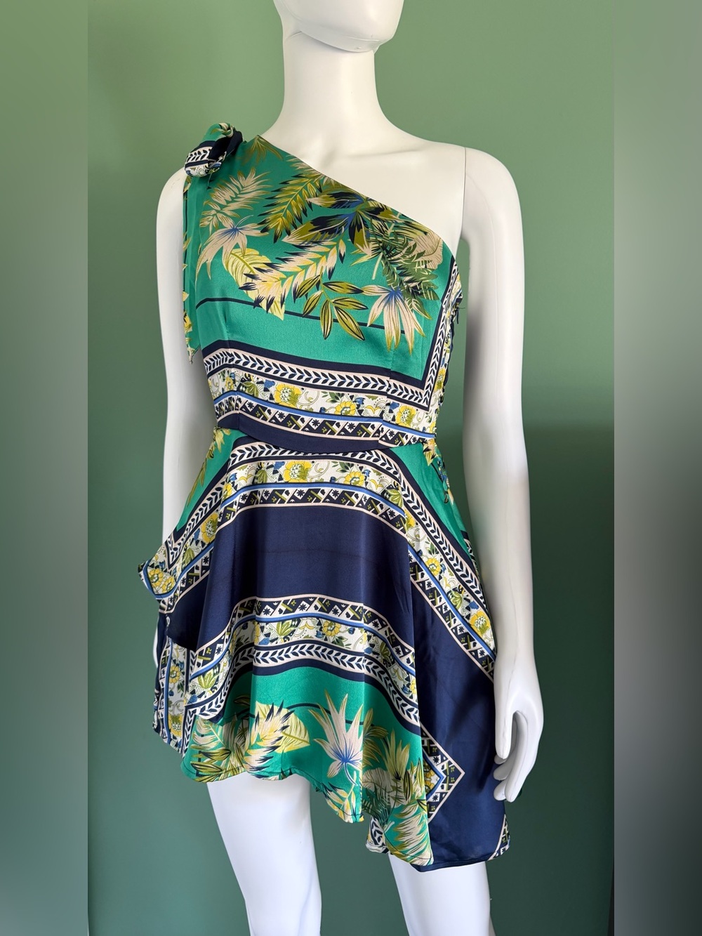 Missguided Satin One-Shoulder Teal & Navy Tropical/ Bandana Romper